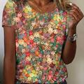 Full Floral Print Crew Neck T-Shirt, Haut À Manches Courtes Décontracté Pour Le Printemps Et L'été, Vêtements Pour Femmes