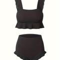 Bikini Taille Haute Noir À Volants, Maillot De Bain 2 Pièces Extensible De Couleur Unie, Mignon Et Élégant, Maillots De Bain Et Vêtements Pour Femmes