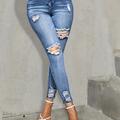 Jeans Skinny Bleus À Trous Déchirés, Jeans Ajustés En Détresse À Haute Extensibilité, Jeans Et Vêtements En Denim Pour Femmes