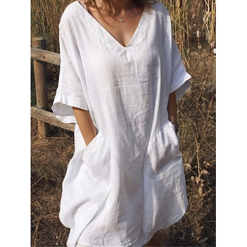 Damen Midikleid Kunstbaumwollleinen Shiftkleid Hemdblusenkleid Weißes Kleid Basic Modern Täglich Wochenende Lässiger Schnitt Einfach Halbarm V Ausschnitt Schwarz Weiß Rote Grün Sommer Frühling Image