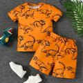 2pcs Little Boy Casual Dinosaurs Graphic Short Sleeve Tees & Shorts Set, Vêtements D'été Confortables Pour Enfants