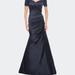 La Femme Off the Shoulder Satin and Lace Mermaid Pleated Gown - Blue - 4