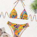 Ensemble Bikini 2 Pièces Licou À Imprimé Fluide Multicolore, Maillots De Bain Extensibles Dos Nu À Col Noué Triangle, Maillots De Bain Et Vêtements Pour Femmes