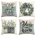 4pcs / Set Home Sweet Home Eucalyptus Couronne Couvre-oreillers, 18 * 18 Pouces, Bless Our Home Buffalo Plaid Lin Taie D'oreiller Pour Canapé Canapé Home Decor, Pas D'insertion D'oreiller