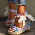 Women's Sandals Boho Bohemia Beach Wedge Sandals Espadrilles Daily Beach Floral Embroidered Summer Satin Flower Lace Flower Platform Wedge Heel Round Toe Vacation Bohemia Satin Cross Strap Black Red