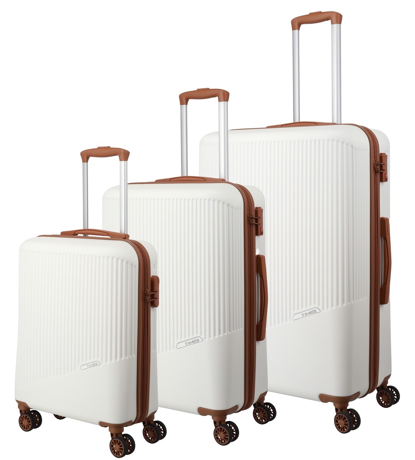 Trolleyset TRAVELITE "BALI 4w L/M/S", braun (weiß, cognac), ABS, unifarben, Koffer-Sets, Kofferset Reisegepäck Reisekoffer Hartschallenkoffer TSA Schloss Image