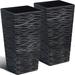 2-Pack Tall Tree Planter - Plastic Square Tapered Plant Pots for Indoor Outdoor - Modern Wavy Finish Decorative Flower Pots