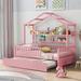 Wooden Twin Size House Bed with Trundle,Kids Bed with Shelf, Pink