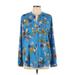 Calvin Klein Long Sleeve Blouse: Blue Floral Motif Tops - Women's Size Large