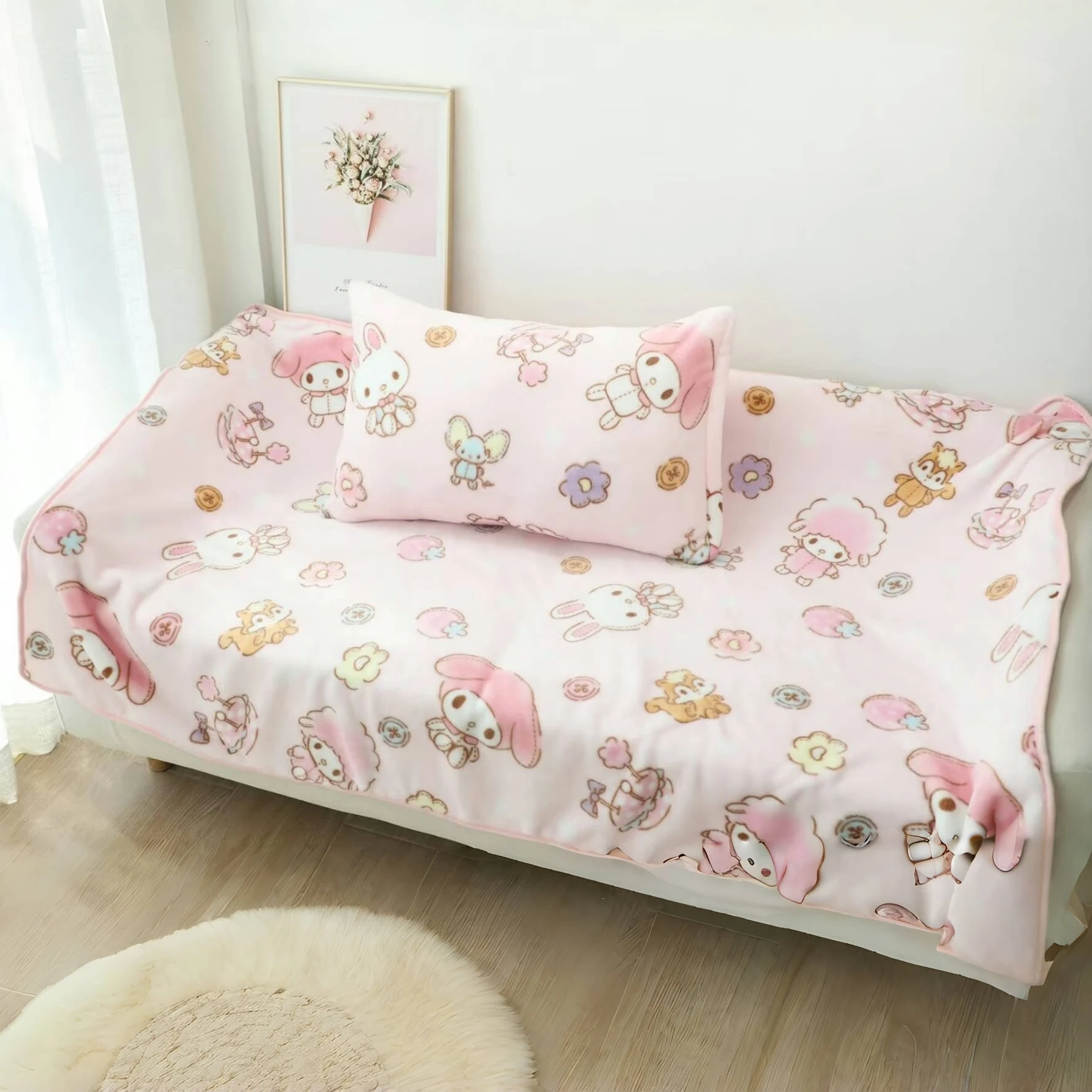 Cartoon My Melody Decke Kawaii Japanischen Stil Flanell Weiche Warme Nickerchen Decke Bettwäsche Sofa Abdeckung Blatt Bein Decke Mädchen Geschenke Image