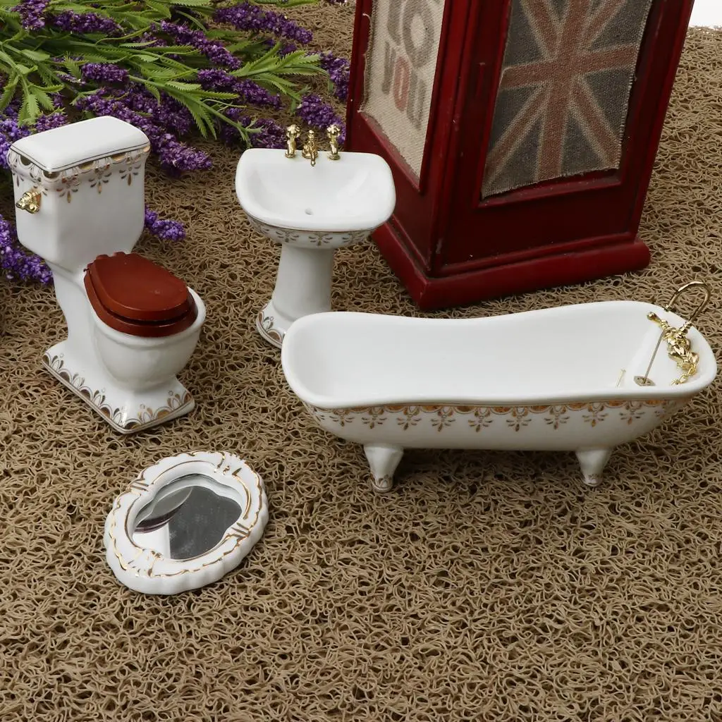 Ensemble de jouets de salle de bain miniatures pour maison de poupée, 4 pièces, ensemble de meubles de toilette (miroir d