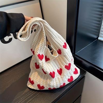 TEMU Love Heart Pattern Crochet Shoulder Bag, Y2k Knitted Tote Bag, Sweet Woven Handbag For Women Image