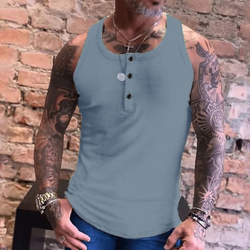 Herren Tank Top Weste Unterhemd Ärmelloses Shirt Ärmellos Rundhalsausschnitt Sommer Einfach Mode Streetwear Muskel Button-Down Sport Outdoor Athleisure Fitnessstudio Weiß Blau Grün Top T-Shirt für Image