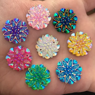 HOT 10Pcs 18mm AB Resin Flower Rhinestone Flatback Wedding Decoration 2 Hole Buttons D60