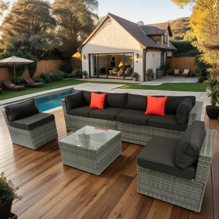 5 Pieces Patio Furniture Set Outdoor PE Rattan Wicker Conversation Set Outdoor Sectional Furniture Set with Glass Top Coffee Table Black