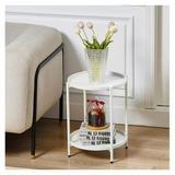 2 Tier Round Metal Side Table Folding Metal End Tables Coffee Table Simplistic Sofa Table Waterproof Removable Tray Table Indoor Outdoor Accent Table for Living Room Bedroom (White)