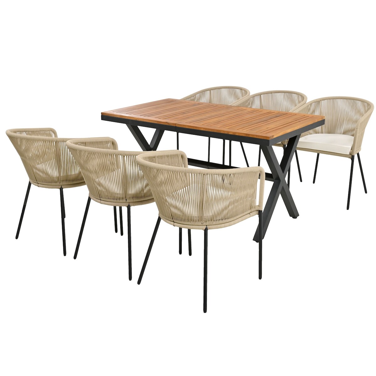Merax Garten-Essgruppe, 7-tlg, Garten-Lounge-Set aus Seil, 6 Sessel und 1 Tisch, Tisch aus Akazienholz, Mit 6 Sitzkissen, abnehmbar und waschbar Image