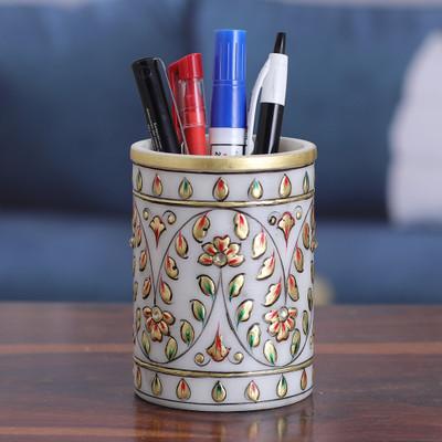 Garden Visions,'Hand-Painted Floral Golden-Toned Marble Pen Holder'