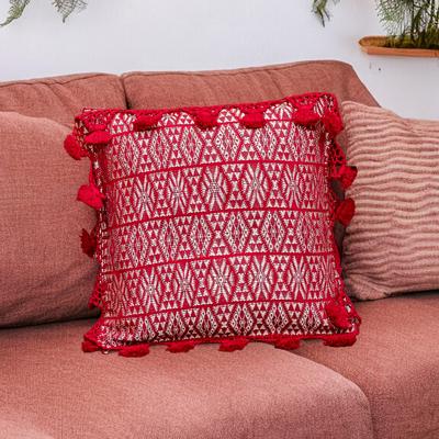 Traditional Motifs in Red,'Handwoven Geometric Cotton Cushion Cover in Red and White'