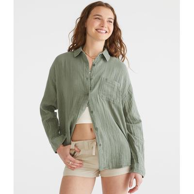 Aeropostale Womens' Long Sleeve Gauze Oversized Shirt - Green - Size M - Cotton