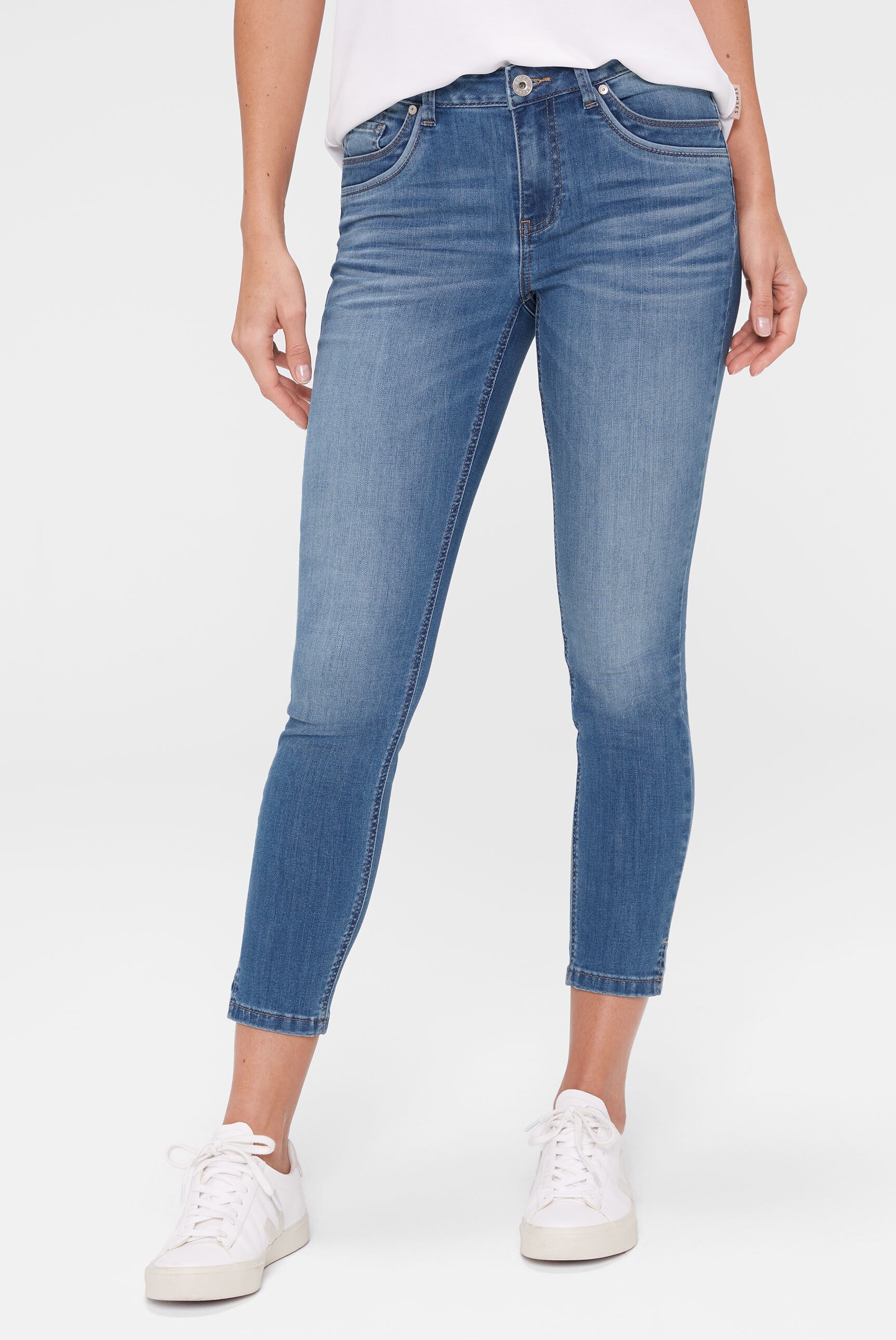 Slim-fit-Jeans SENSES.THE LABEL, Damen, Gr. 26, Normalgrößen, blau, Material: 78% Baumwolle, 21% Polyester, 1% Elasthan, Abriebeffekte, slim fit, Jeans Slim-fit-Jeans, mit verkürztem Bein