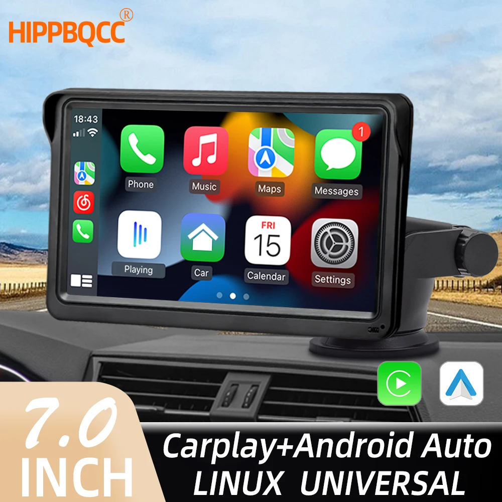 HIPPBQCC Autoradio da 7 pollici CarPlay Android Auto Lettore video multimediale Touch screen portatile con USB AUX per telecamera posteriore