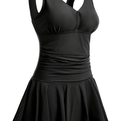 TEMU Plain Ruched V Neck Briefs One-piece Swimsuit, Retro High Stretch Flattering Swim Dress Bathing Suits, Women's Swimwear & Clothing Image