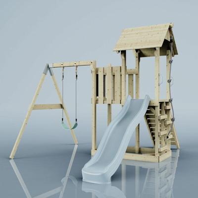 Rebo Spielturm mit Wellenrutsche und Kinder-Schaukel Outdoor Klettergerüst Garten mit Plattform