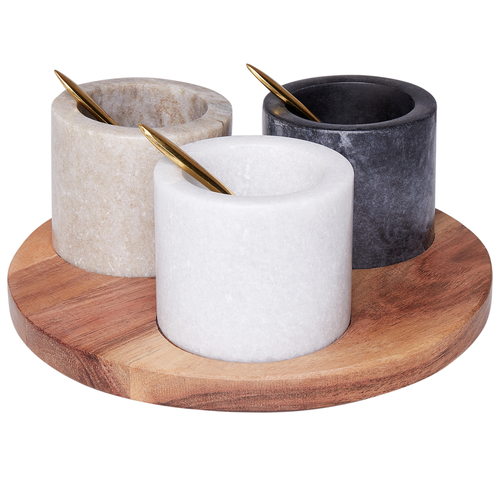 Dipschalen Set mit Serviertablett Mehrfarbig aus Marmor u. Akazienholz mit Teelöffeln Servierplatte Dekotablett Mamorschalen für Dips Saucen