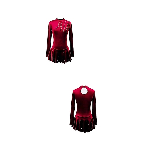 Eiskunstlaufkleid Damen Mädchen Eislaufen Kleider Schwarz Burgund Königsblau Patchwork Gitter Spandex elastisch Ausbildung Praxis Professionell Eiskunstlaufkleidung warm Klassisch Kristalle Langarm Image