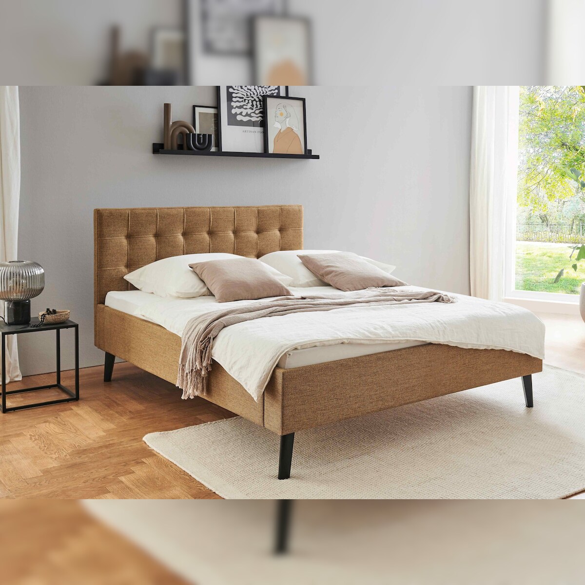 Aileenstore Polsterbett mit Matratze 140x200 Bettgestell Bett Doppelbett mit Kopfteil Ocker Made in Germany Image