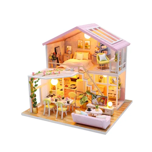 Puppenhaus Miniatur DIY Holz Puppenhaus Kit mit Möbeln mit LED-Licht Musik süße Zeit