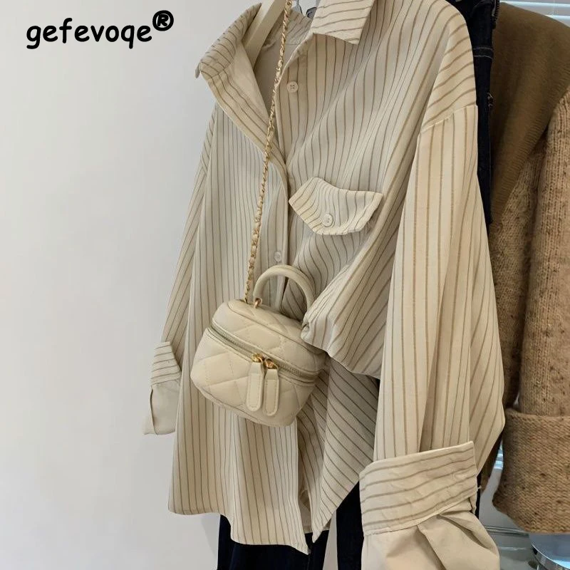 Frauen Klassische Gestreifte Casual Streetwear Einreiher Shirts Frühling Herbst Trendy Oversize Blusen Y2K Weibliche Langarm Tops Image