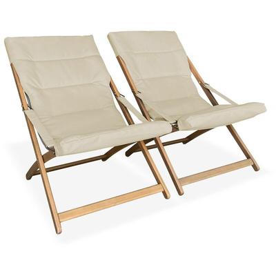 2er Set Liegestühle aus Holz, klappbar, gepolsterte Sitzfläche - Beige - Sweeek