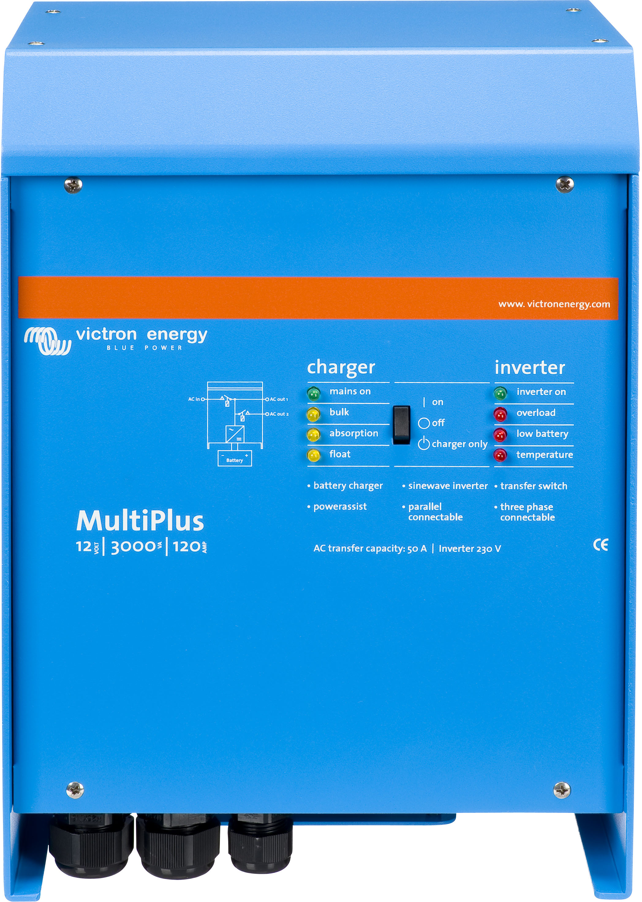 Wechselrichter VICTRON ENERGY "»Inverter / Charger Victron MultiPlus 12/3000/120-16«", blau, B:25,8cm H:36,2cm L:21,8cm, Aluminium, Wandler, 3000W - 12V DC zu 230V AC / 50Hz (Inverter) Image