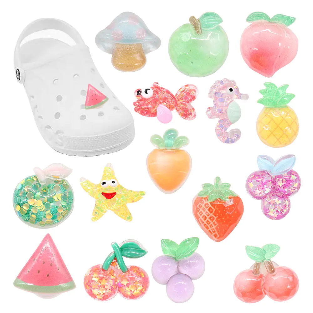 Nuovo arrivo 1-15 pz resina ciondoli per scarpe pesca mela uva carota stella marina accessori scarpe fibbie decorazione Fit bambini regalo di natale