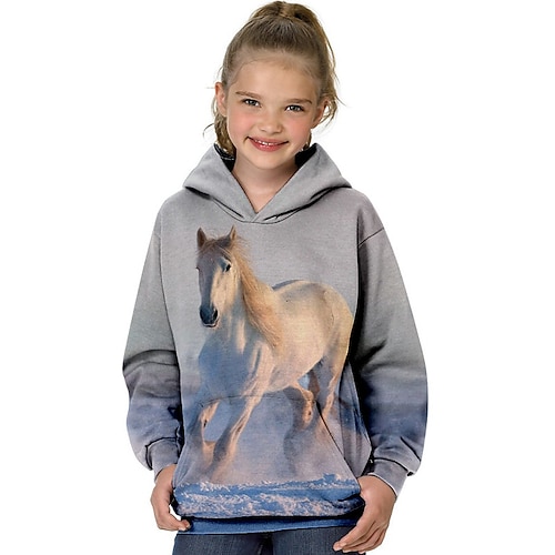 Kinder Mädchen Pferdegrafik 3D Hoodie Sweatshirt Langarm Animal Print Marineblau Kinder Tops Active School Image