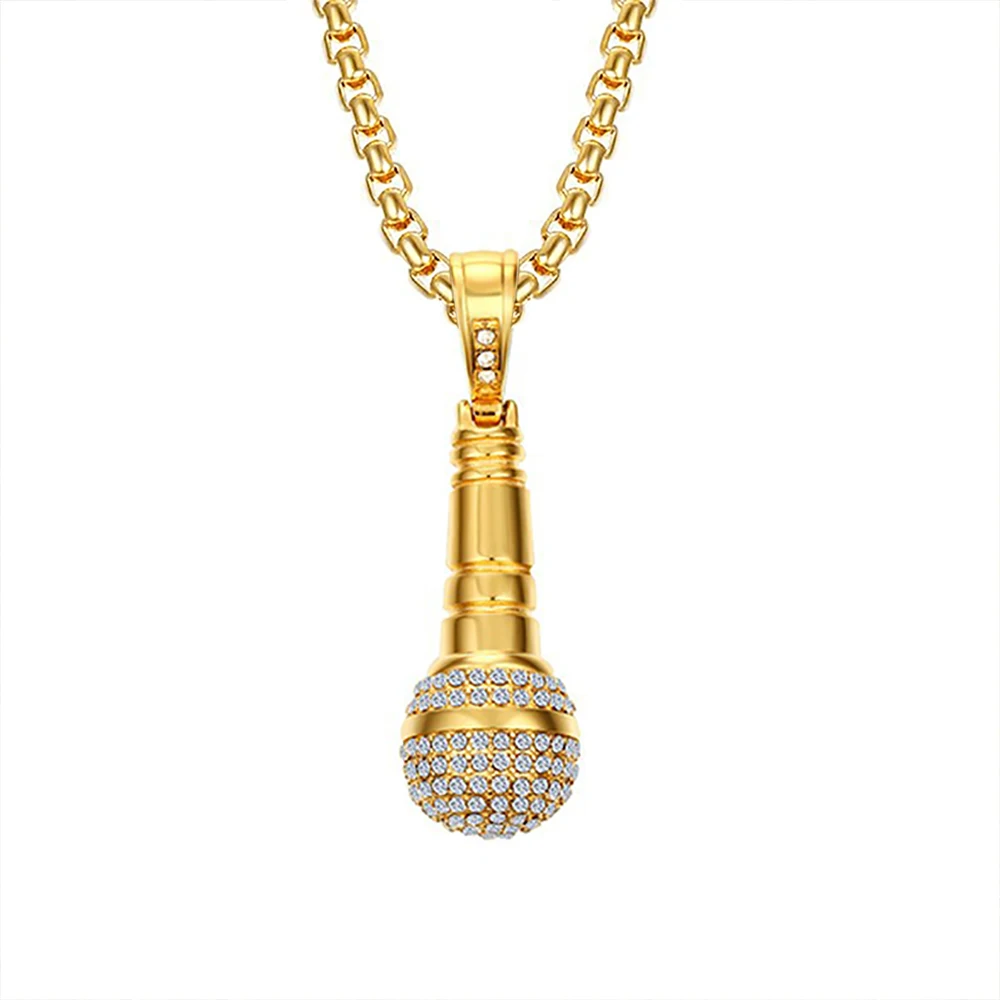Hip Hop vereist bling Mikrofon Anhänger Gold Farbe Edelstahl Musik Halskette für Frauen Männer Rapper Party Schmuck Geschenk