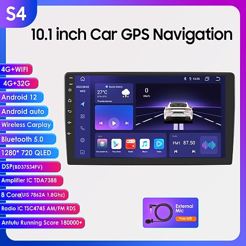 Android 12 2 DIN für Universal-Autoradio Multimedia-Player GPS-Navigation Auto-Audio-Stereo-Kopfeinheit 10,1-Zoll-Lautsprecher WLAN