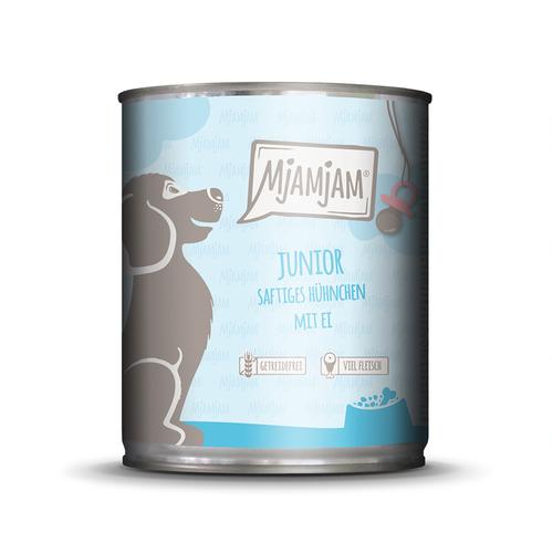 Sparpaket: 12x800g MjAMjAM Junior saftiges Hühnchen mit Ei Hundefutter nass