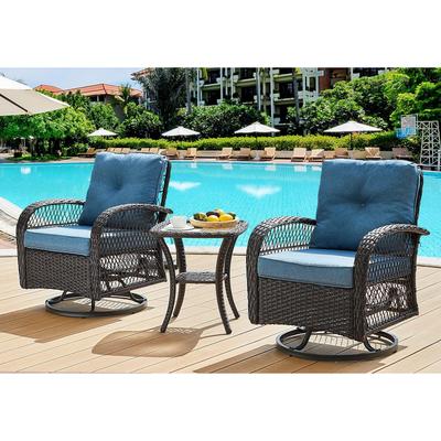 3 Pieces Patio Furniture Set, Outdoor Swivel Gliders Rocker, Wicker Patio Bistro Set with Rattan Rocking Chair, Table & Cushions