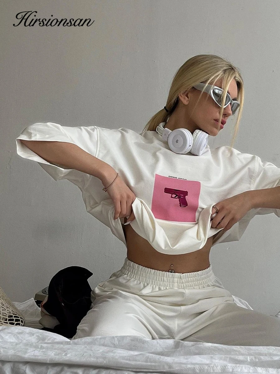 Hirsionsan 100% Baumwolle rosa Druck T-Shirt Frauen 2024 Sommer neue grundlegende Vintage T-Shirt lässig lose schicke o Hals weibliche Paar Tops