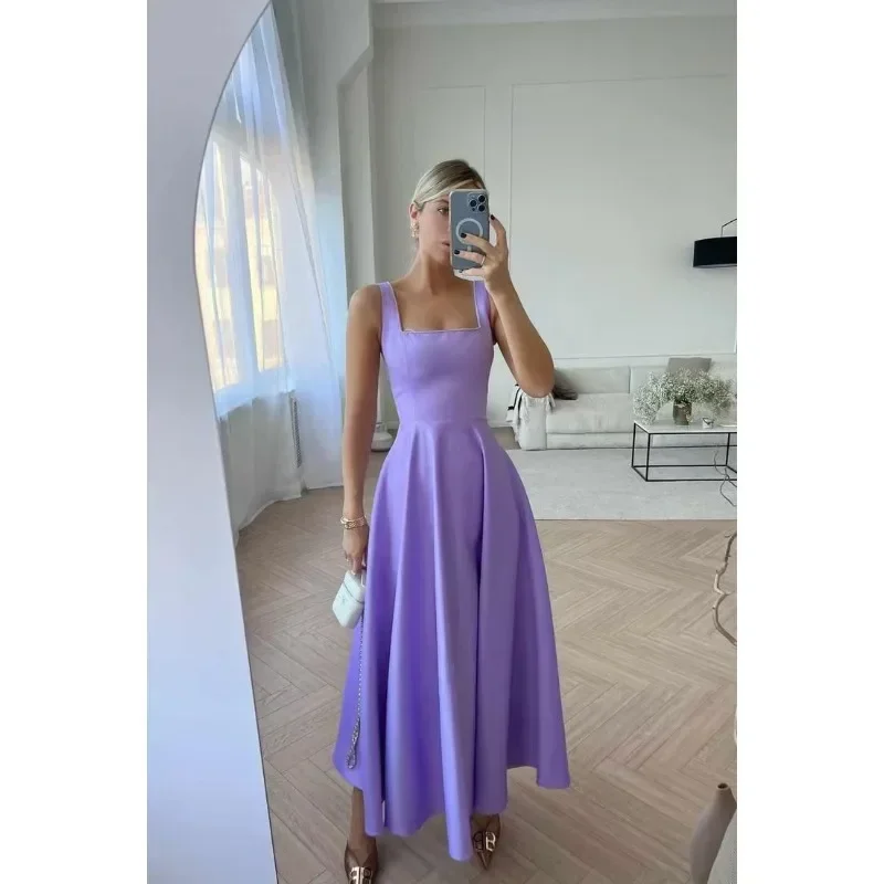 Damen kleid sexy einfarbig schlank hohe Taille ärmelloses Kleid Damen Vintage Spaghetti träger quadratischen Kragen Party Abendkleid Image