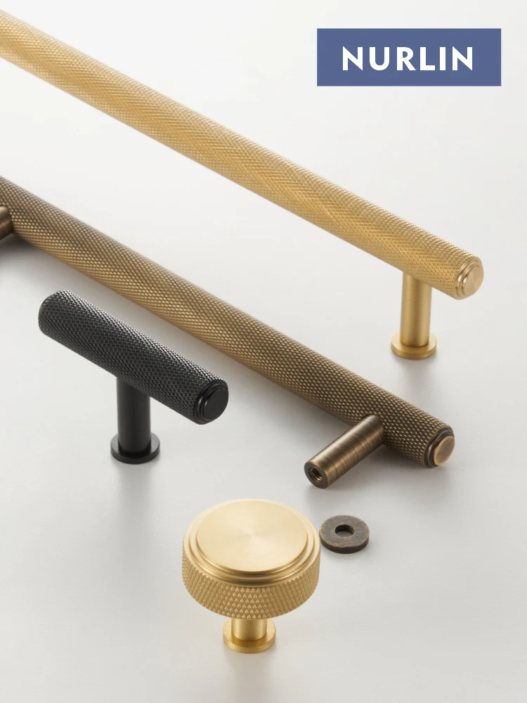 Nurlin massives Messing, gerändelt, Rautenschliffmuster, neue Schrankknöpfe, Kleiderschranktür, Schublade, T-Stange, lange, ziehfreie Basis, mattes Messing, Schwarz Image