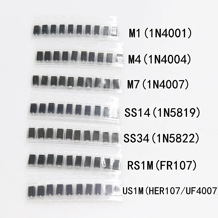 70/90PCS SMD diode 1N4001 1N4004 1N4007 SS14 SS34 SS16 SS36 Schottky diode kit, gleichrichter diode set M1 M4 M7 SS14 SS34 RS1M US1M Image