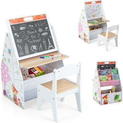 3 in 1 Kindertisch & Kunststaffelei & Kreidetafel, Kindersitzgruppe mit magnetischer Tafel &