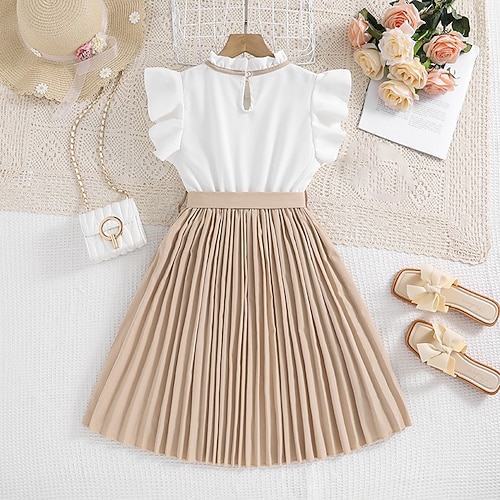 kinderkleidung Mädchen Kleid Farbblock Ärmellos Party Outdoor Casual Modisch Täglich Brautkleider schlicht Polyester Sommer Frühling Herbst 2-12 Jahre Karamellfarbe Rote Image