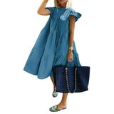 Canrulo Women Summer Mini Dress Solid Color Ruffle Sleeve Round Neck Loose Tiered Flowy Swing Pleated Babydoll Short Dress Blue XL
