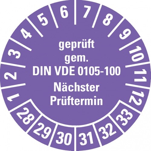Dreifke® Prüfplakette geprüft gem. VDE 0105-100, 28-33, violett, Dokumentenfolie, Ø 30mm, 18 Stk. Image