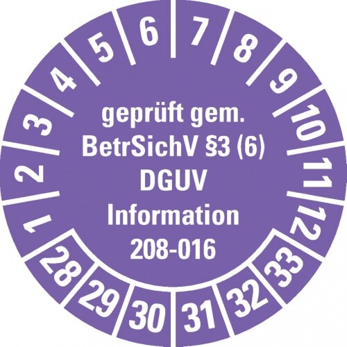 Dreifke® Prüfplakette gepr.gem.BetrSichV §3(6)DGUV, 28-33, violett, Dokufolie, Ø 30mm, 18 Stk. Image